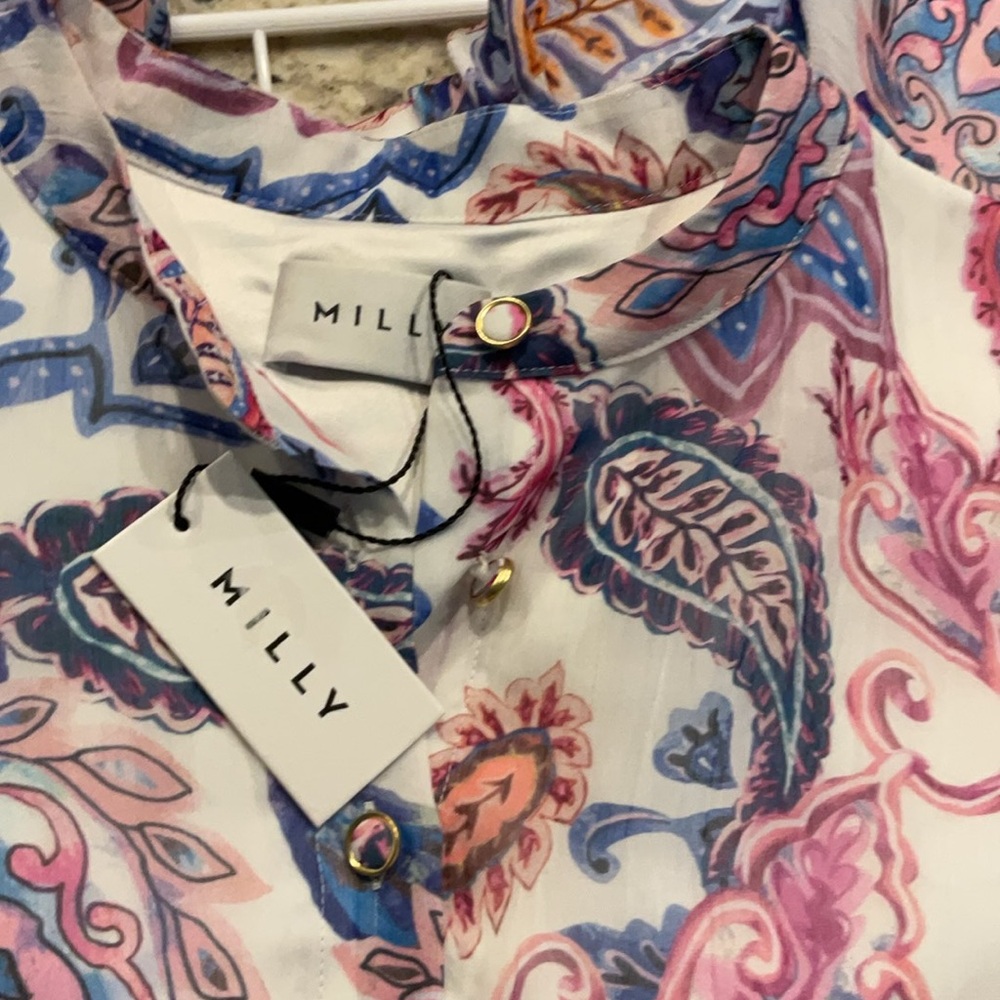 Milly - Paisley Long-Sleeve Chiffon Tie-Waist Dress in Pink & Blue - Picture 5 of 6